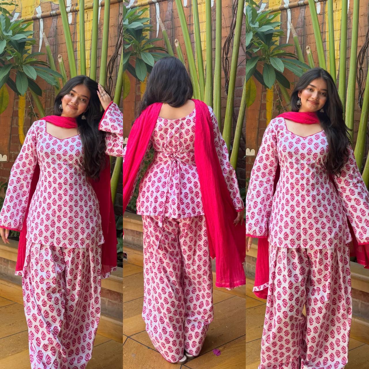 Charming Pink Floral Block Print Peplum Kurti and Wide-Leg Palazzo Suit Set Featuring an Elegant Tie-Up Back and Solid Vibrant Dupatta